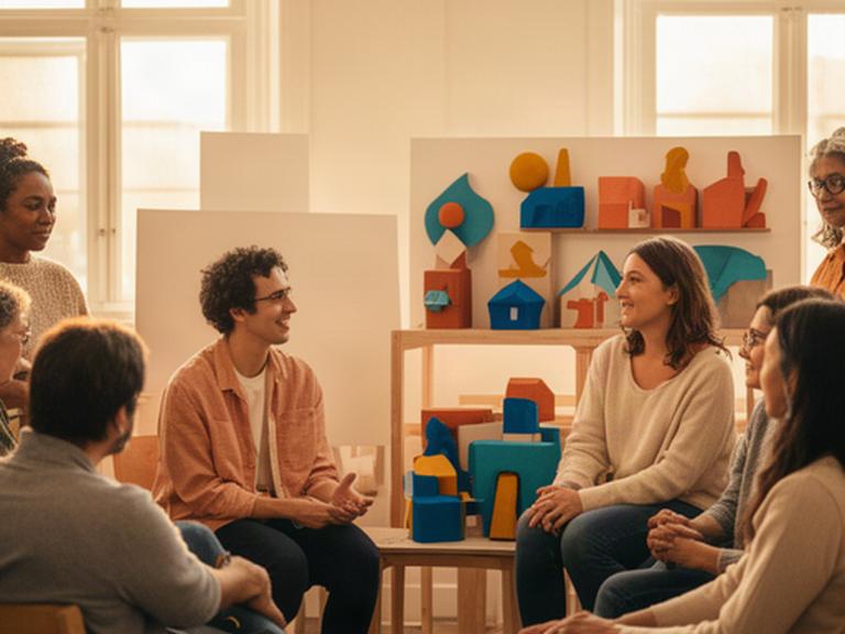 Participantes compartiendo aprendizajes junto a un panel de prototipos al final de un taller creativo