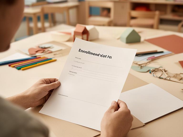 Persona revisando un formulario de inscripción en una mesa de trabajo de un aula creativa
