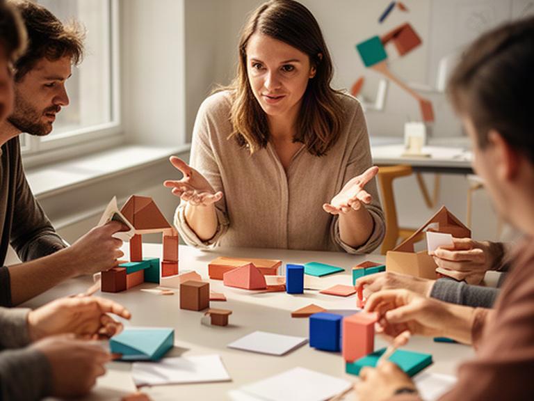 Facilitadora guiando una actividad de aprendizaje con piezas, bocetos y materiales creativos