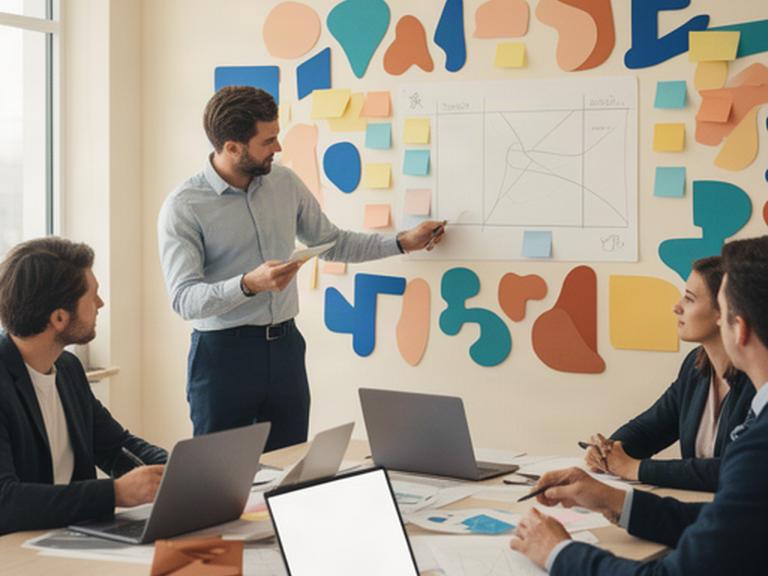 Equipo profesional revisando un plan de trabajo creativo junto a notas adhesivas y una pizarra