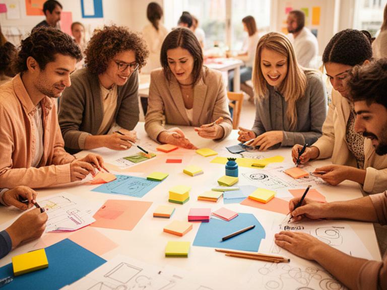 Personas trabajando con notas adhesivas y bocetos en una mesa luminosa de un taller creativo