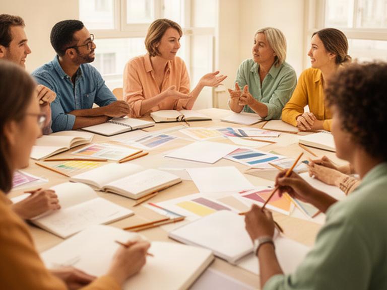Grupo diverso compartiendo ideas en una mesa de trabajo durante una sesión de aprendizaje