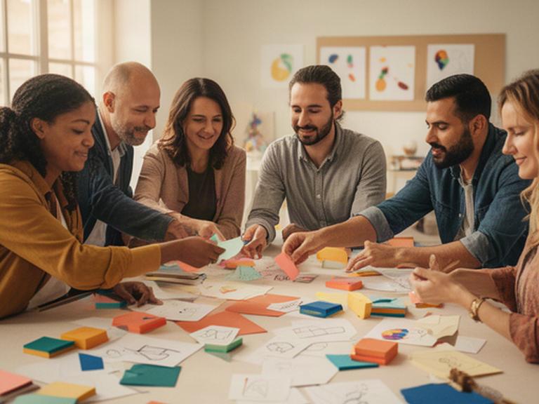 Personas colaborando con notas de colores en una mesa de taller creativo iluminada