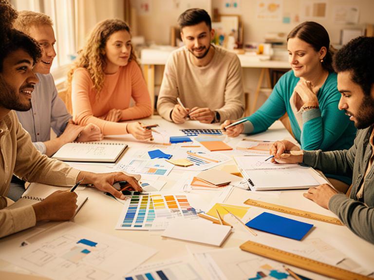 Equipo pequeño conversando alrededor de una mesa con materiales de diseño y planificación